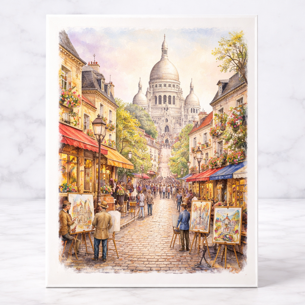 Aquarelle du Sacré-Cœur et des rues de Montmartre