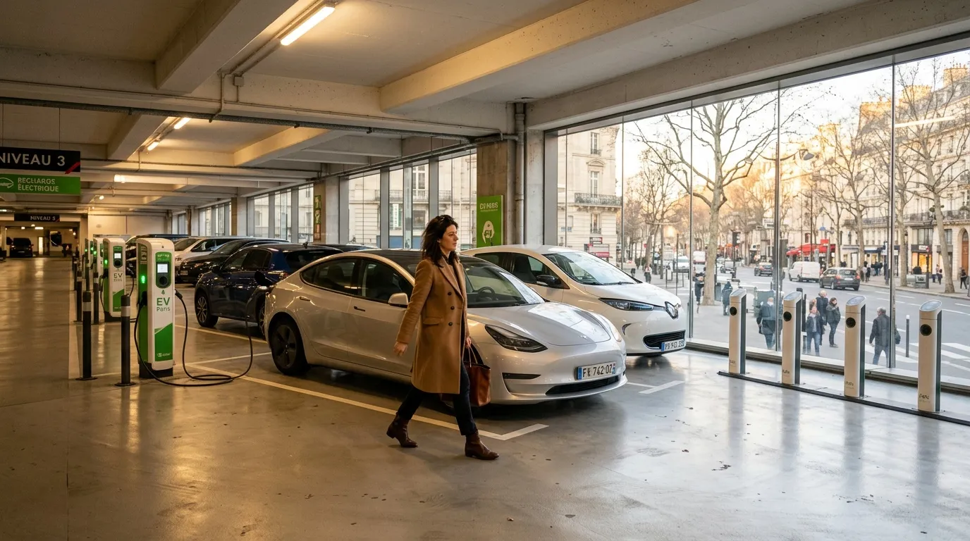 Femme près de voitures électriques en recharge dans un parking souterrain