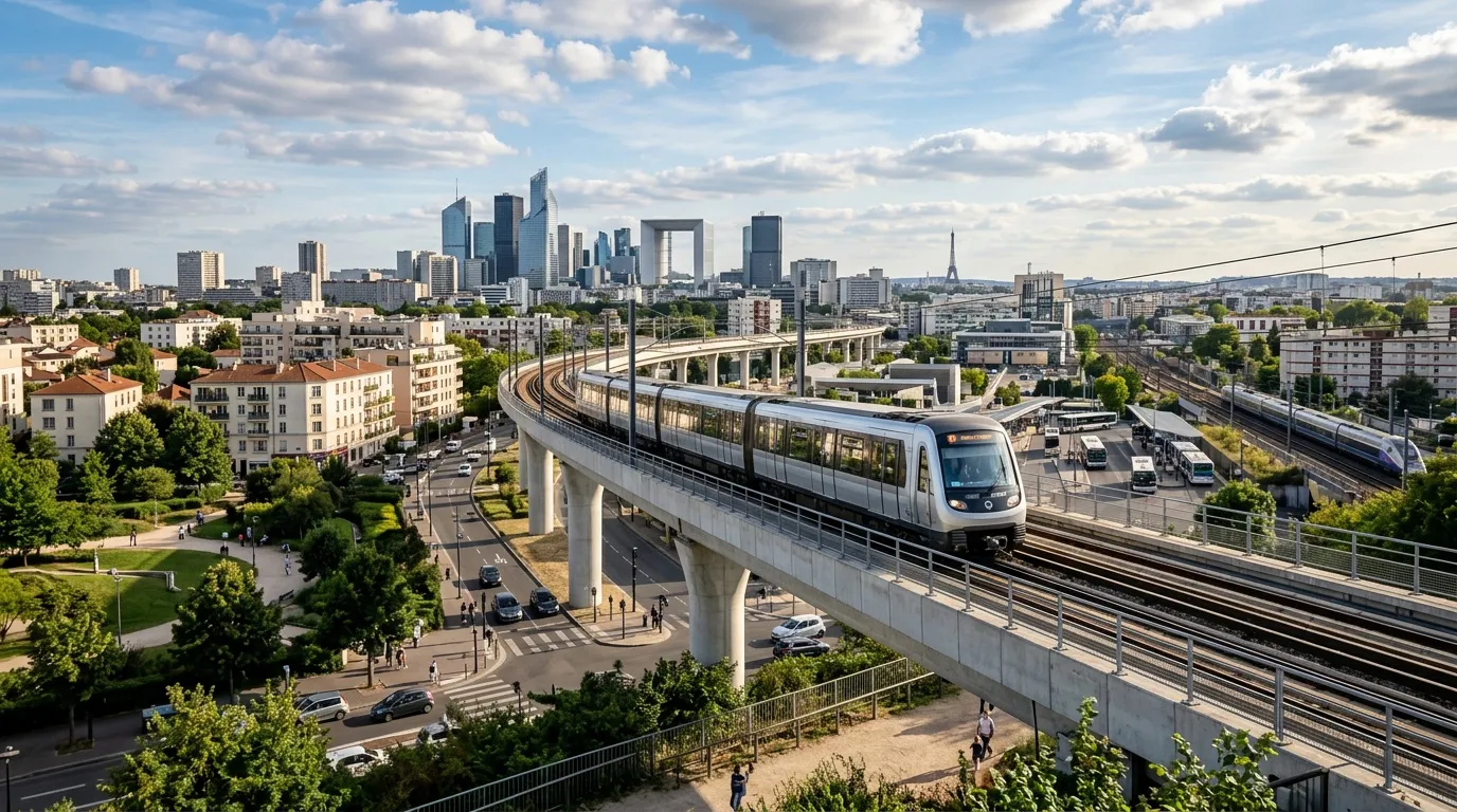 Train moderne sur viaduc avec gratte-ciel en arri&egrave;re-plan