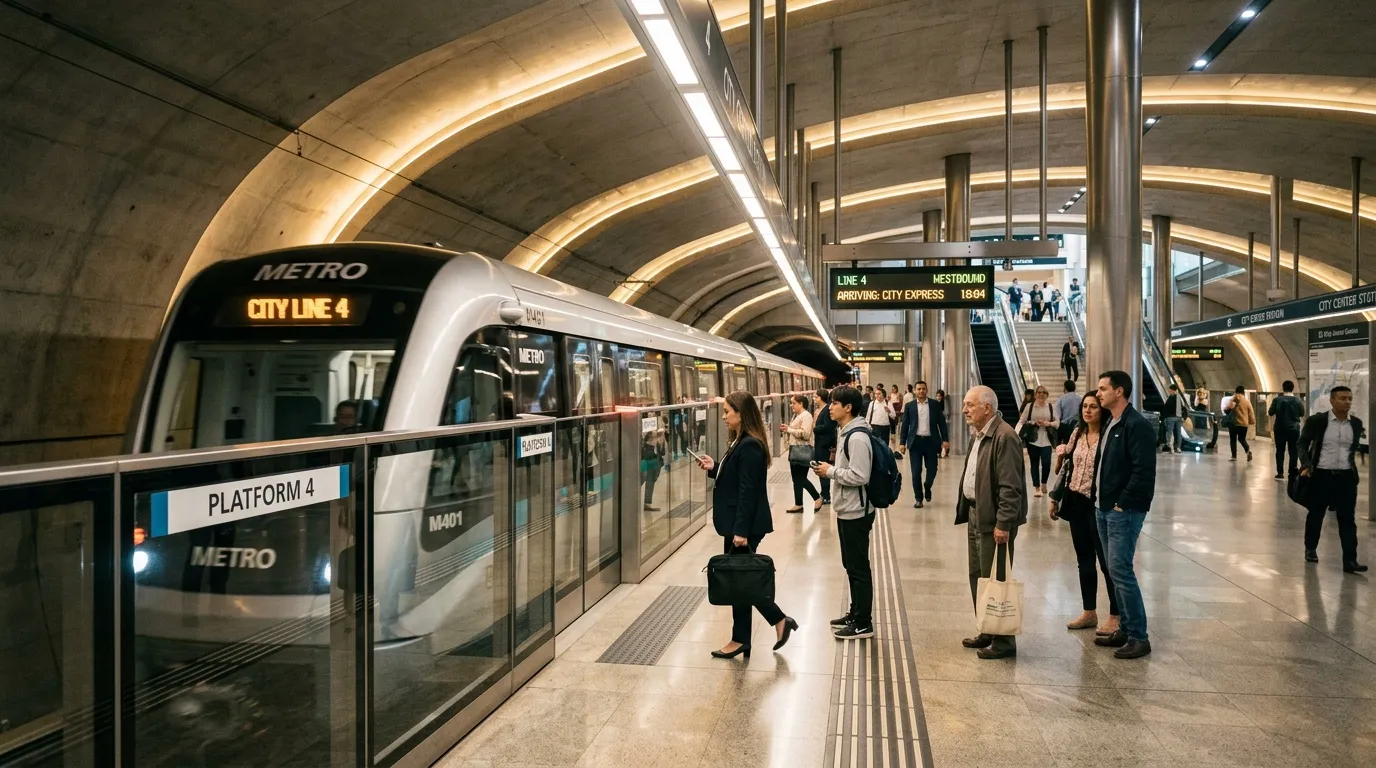 Train City Line 4 en station de métro souterraine avec passagers