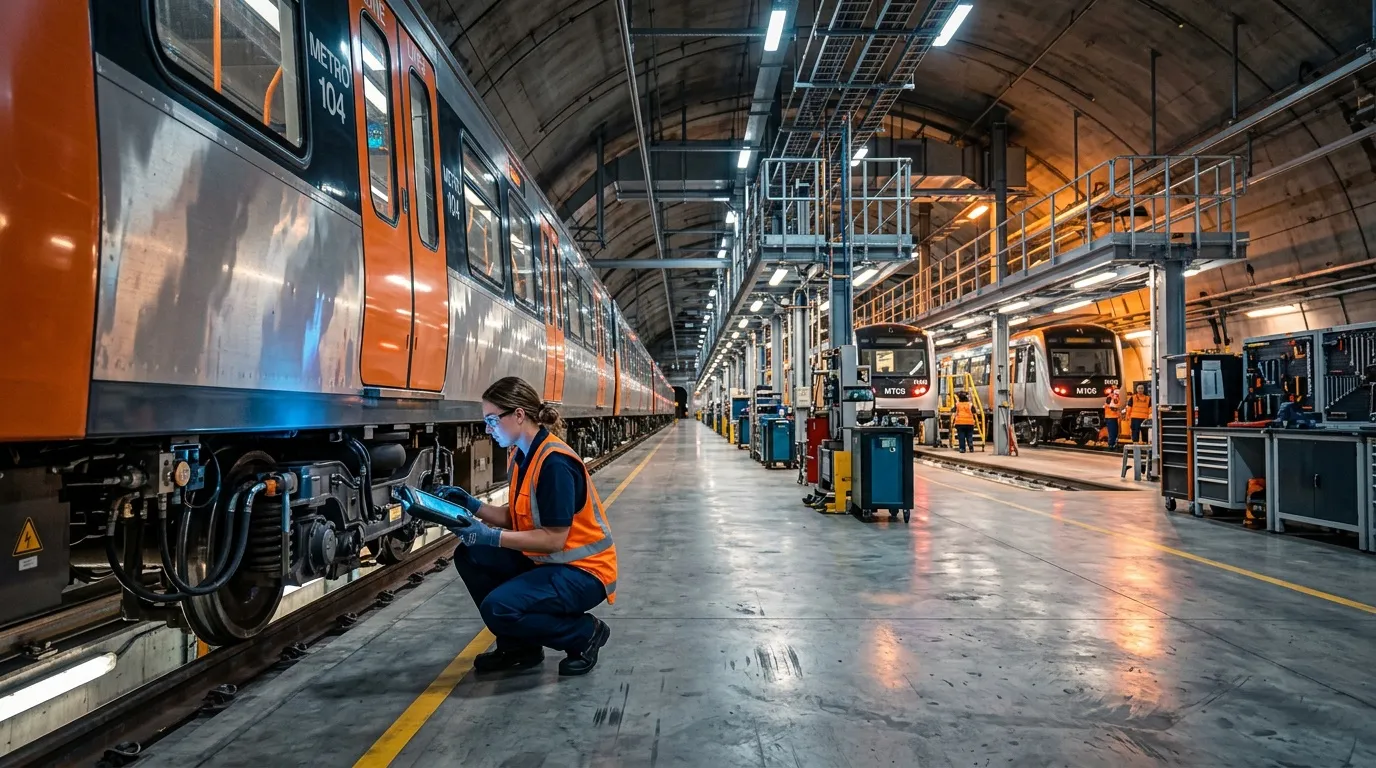 Technicien inspectant train orange d&eacute;p&ocirc;t maintenance