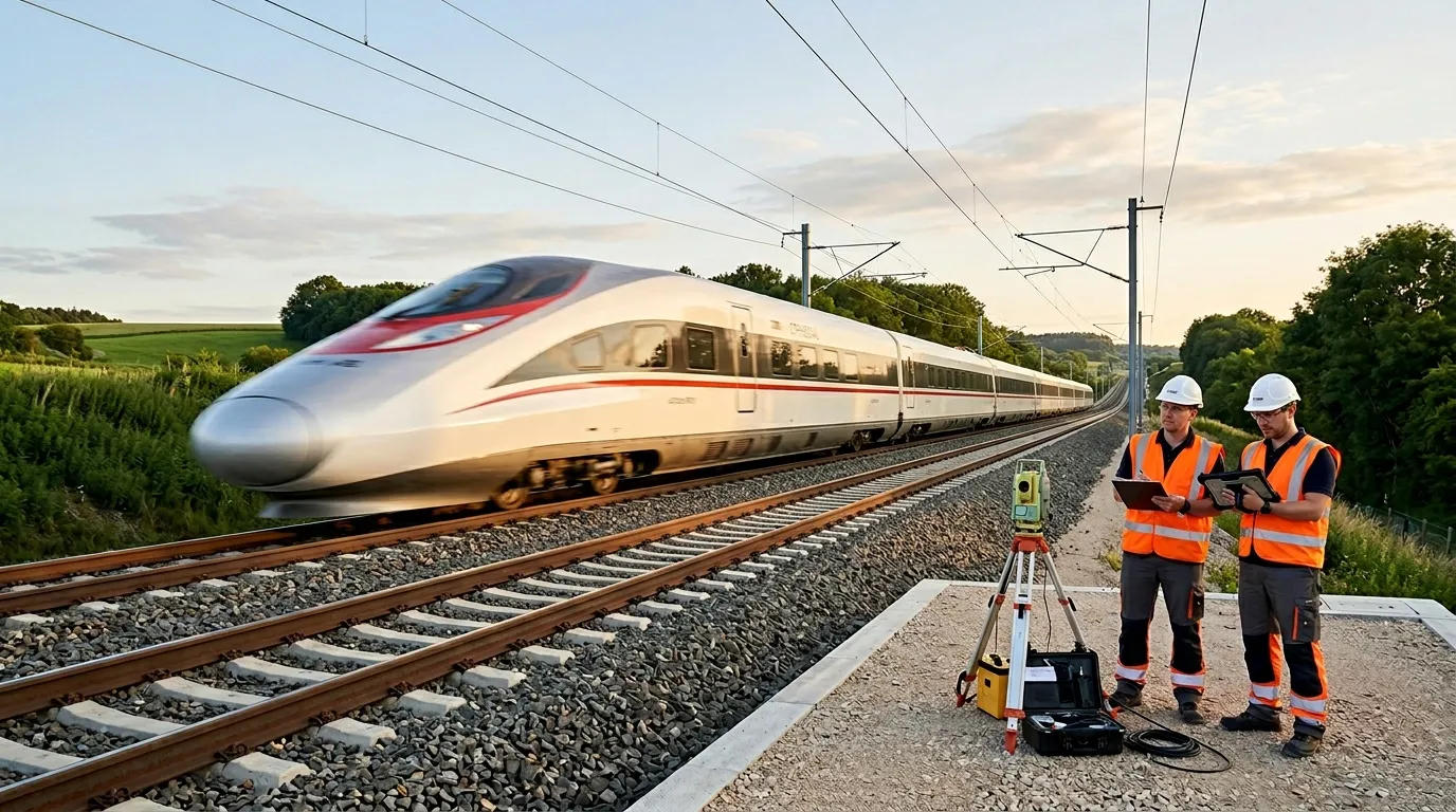 Deux techniciens inspectent une voie ferr&eacute;e avec un train