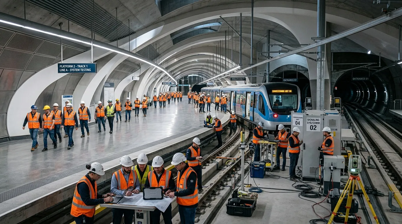 Ing&eacute;nieurs en gilets orange inspectant une nouvelle station de m&eacute;tro souterraine