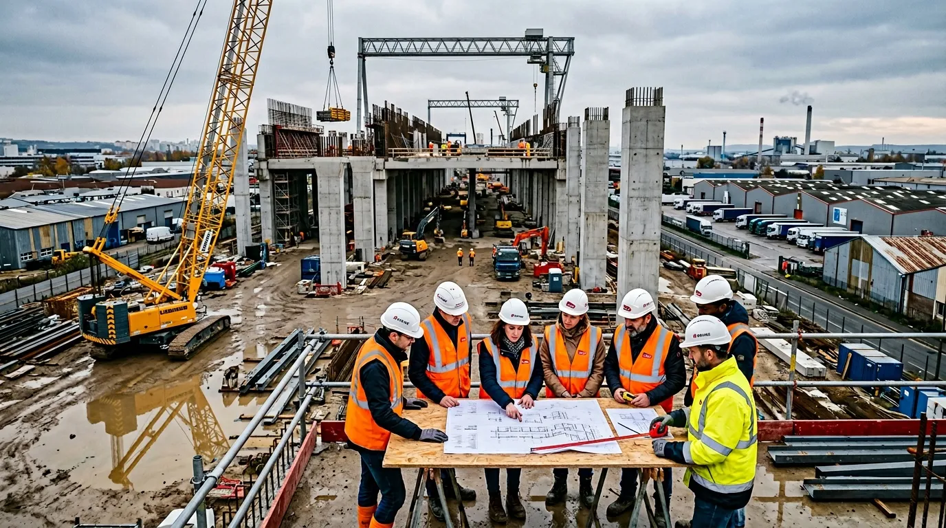 &Eacute;quipe d'ouvriers consultent des plans de construction sur chantier