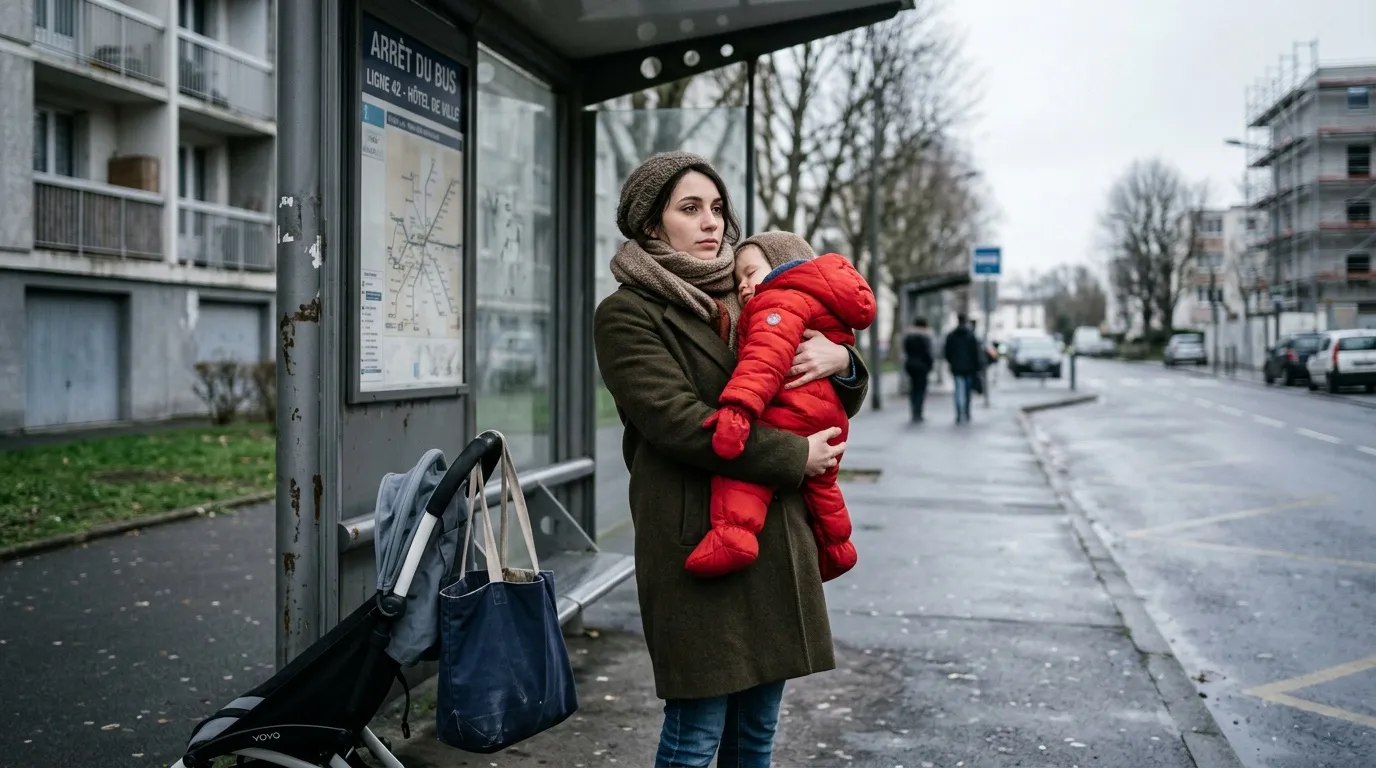 Femme tenant un enfant en rouge &agrave; un arr&ecirc;t de bus urbain