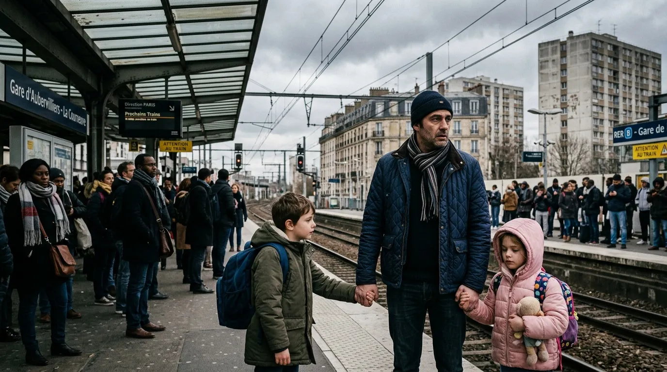 Homme et deux enfants attendent train sur quai gare parisienne