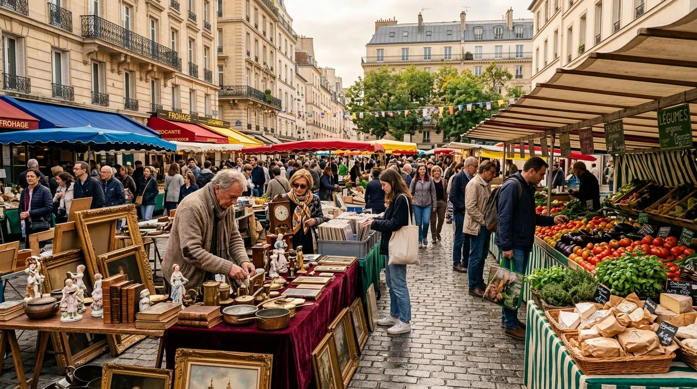 March&eacute; en plein air &agrave; Paris avec &eacute;tals d'antiquit&eacute;s et fruits.