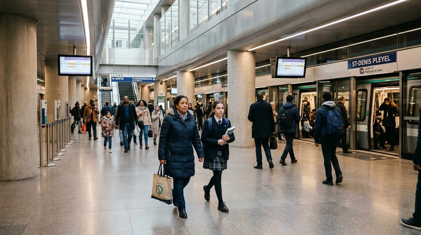 Passagers circulant dans une station de m&eacute;tro moderne