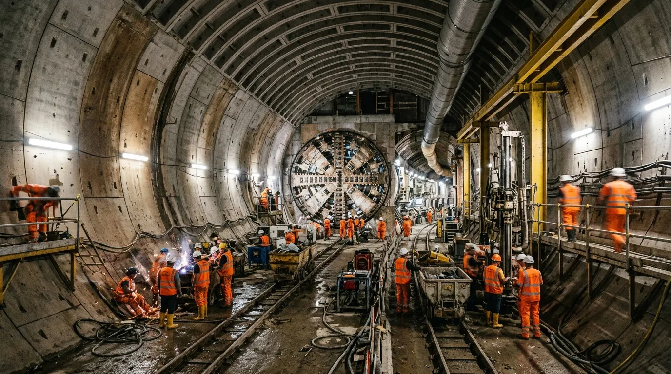 Ouvriers en orange travaillent dans un tunnel avec tunnelier g&eacute;ant