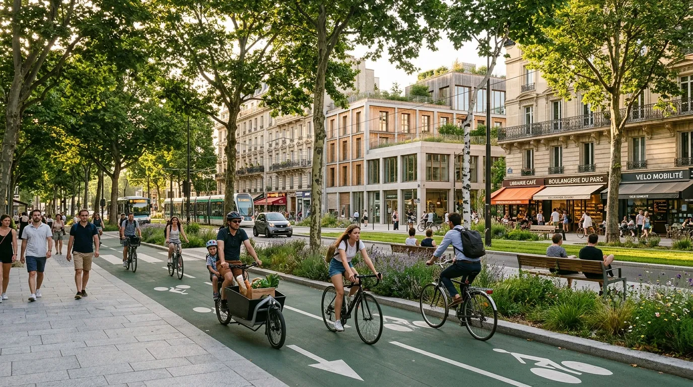 Avenue parisienne avec piste cyclable, pi&eacute;tons et commerces