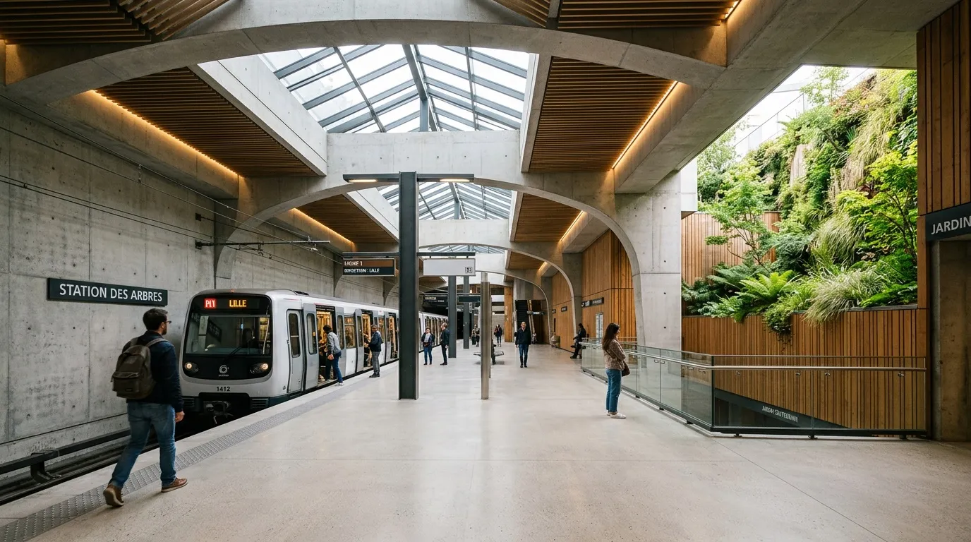 M&eacute;tro moderne avec skylight, passagers et verdure