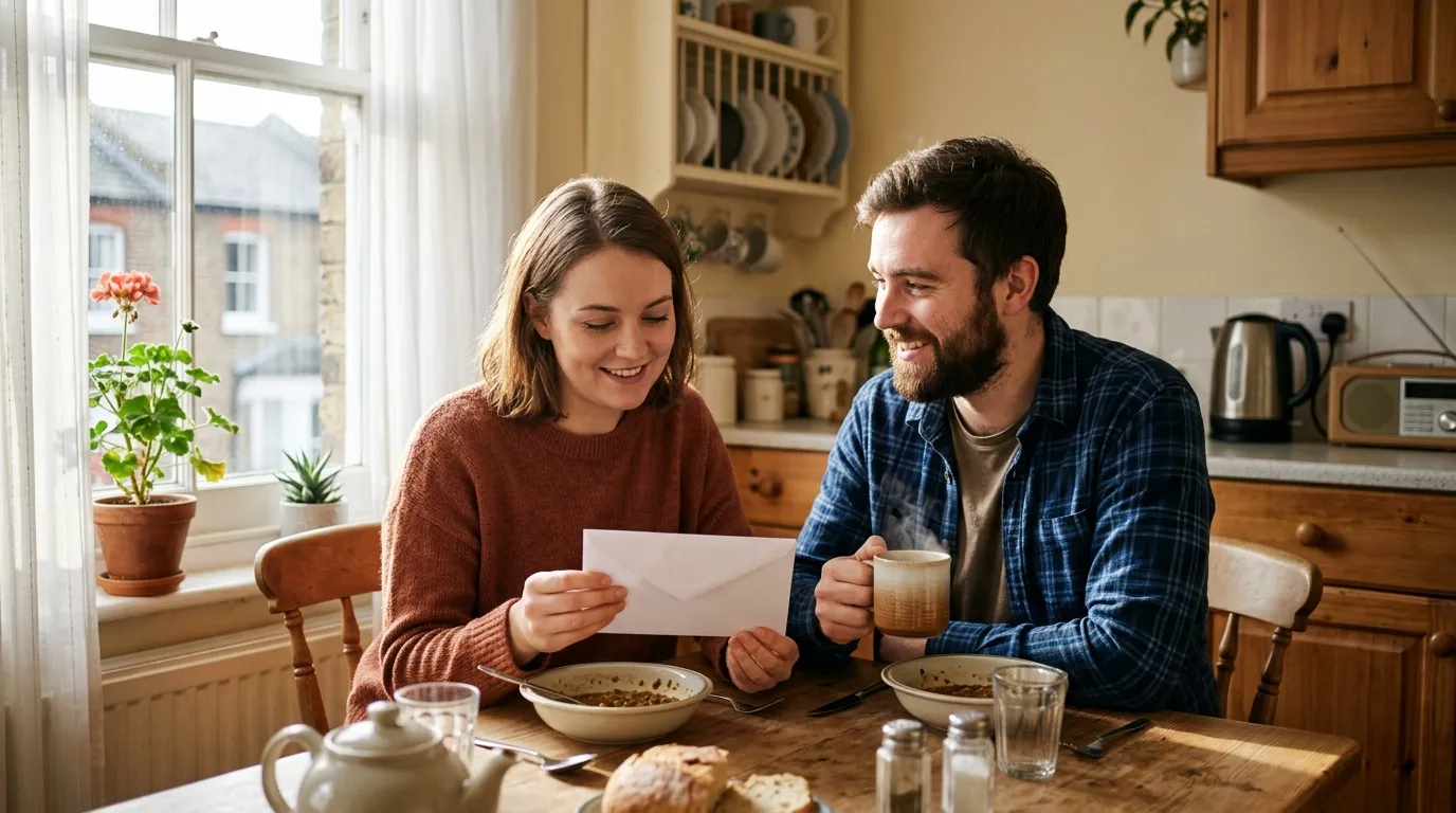 Deux personnes souriantes partagent un repas à la cuisine.