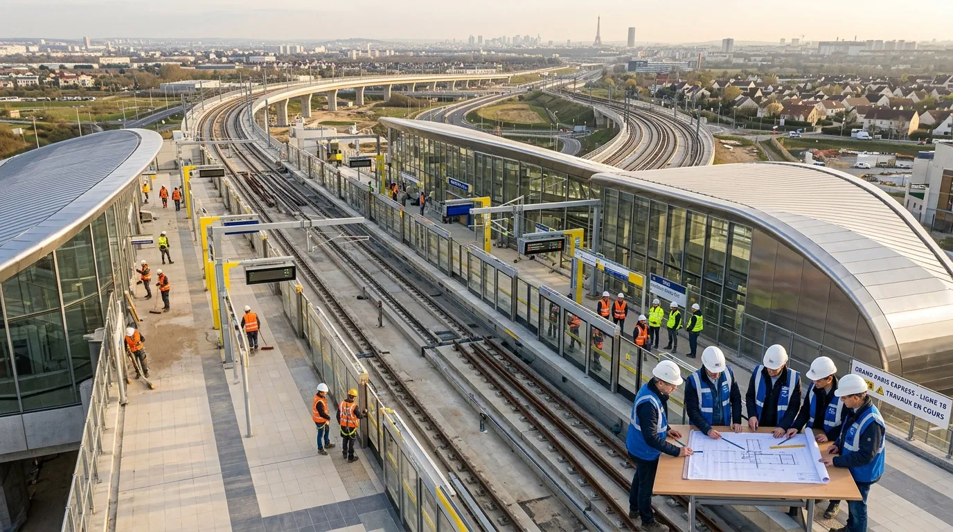 Chantier de station ferroviaire avec ouvriers et plans architecturaux.