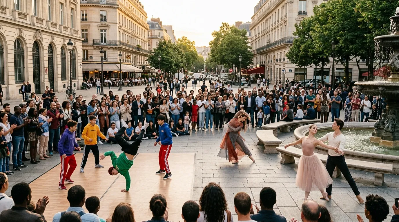 Performers and crowd in Parisian square with fountain