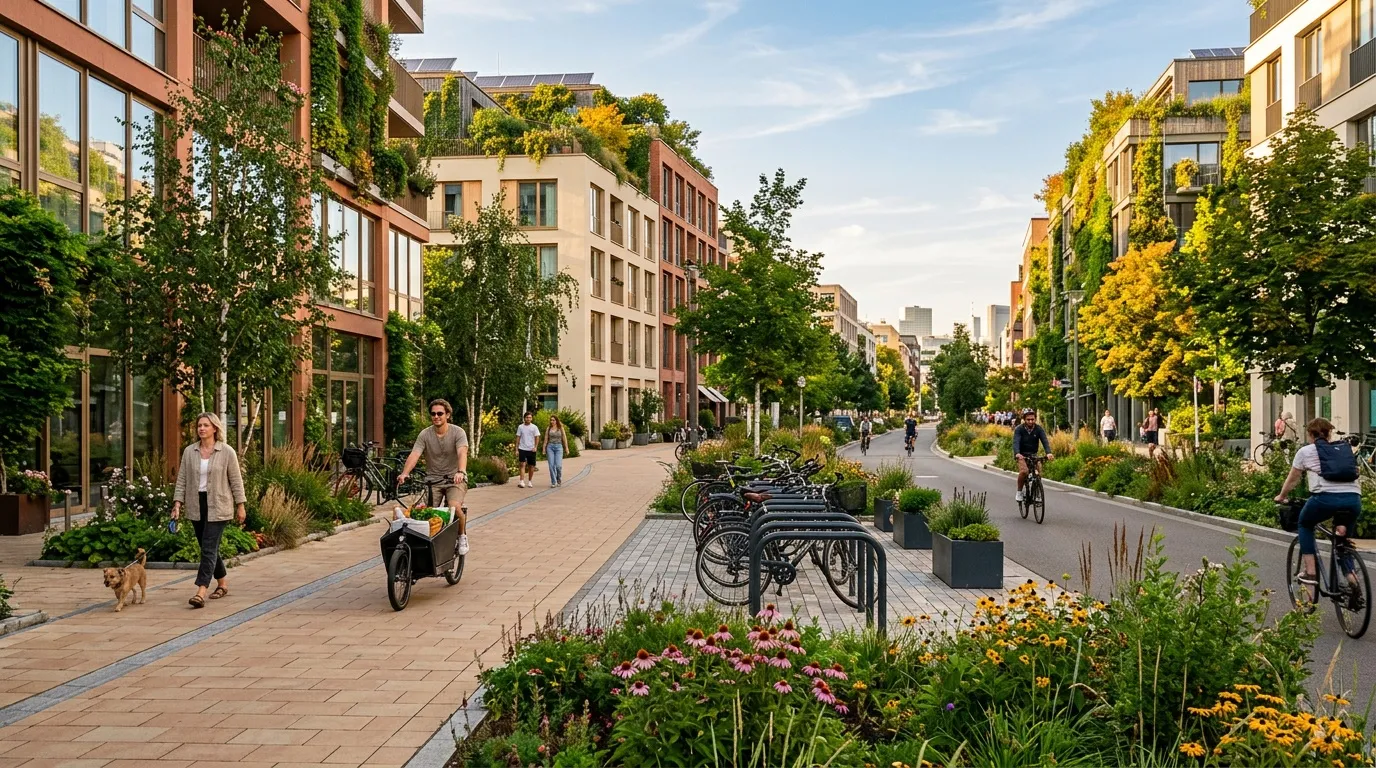 Rue piétonne moderne avec immeubles végétalisés et cyclistes
