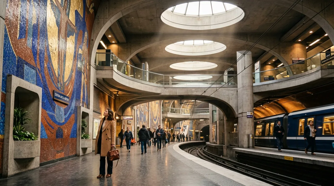 Quai de m&eacute;tro avec train bleu, architecture contemporaine et &eacute;clairage