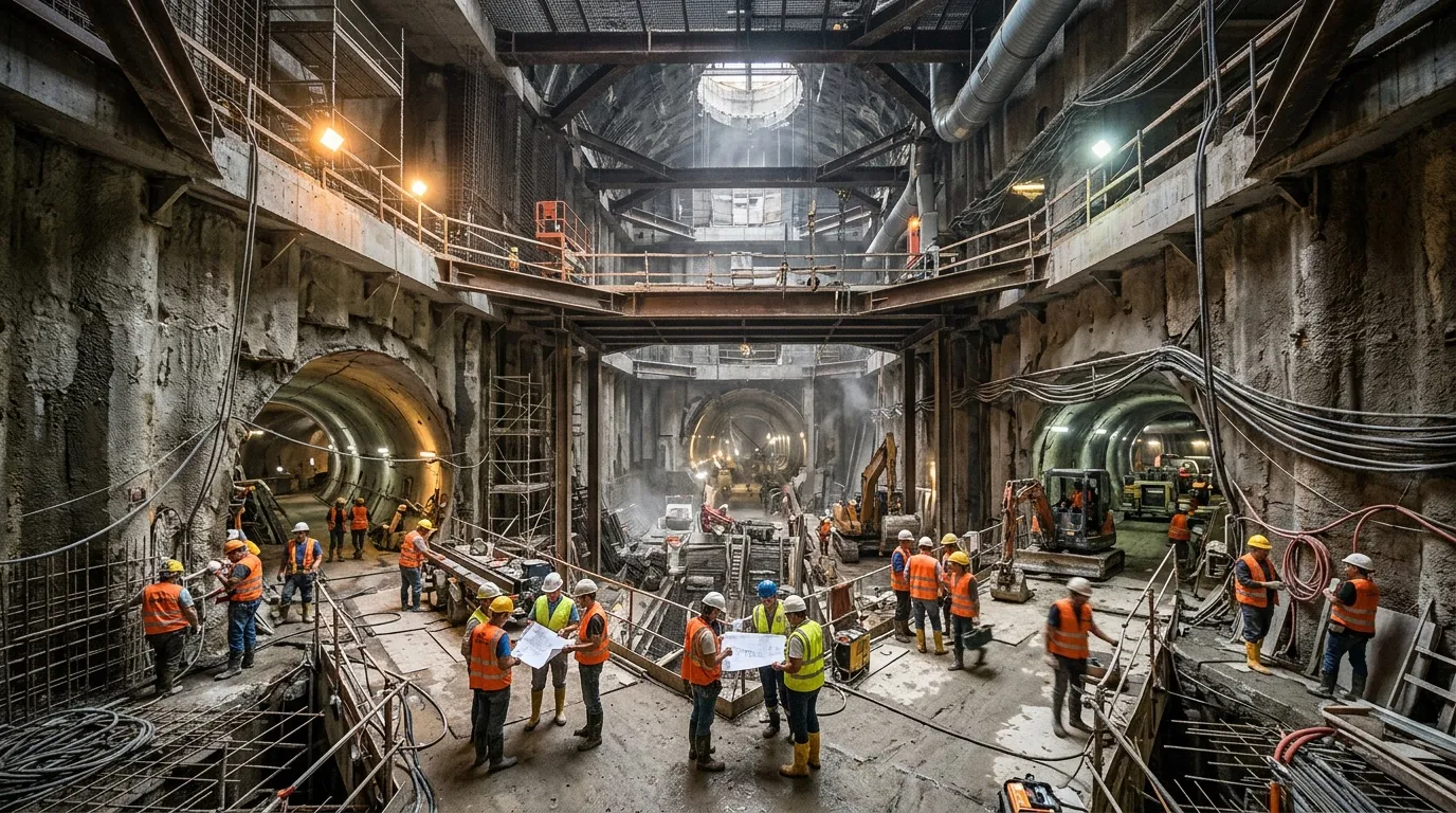 Ouvriers en gilets de sécurité construisant un tunnel souterrain moderne.
