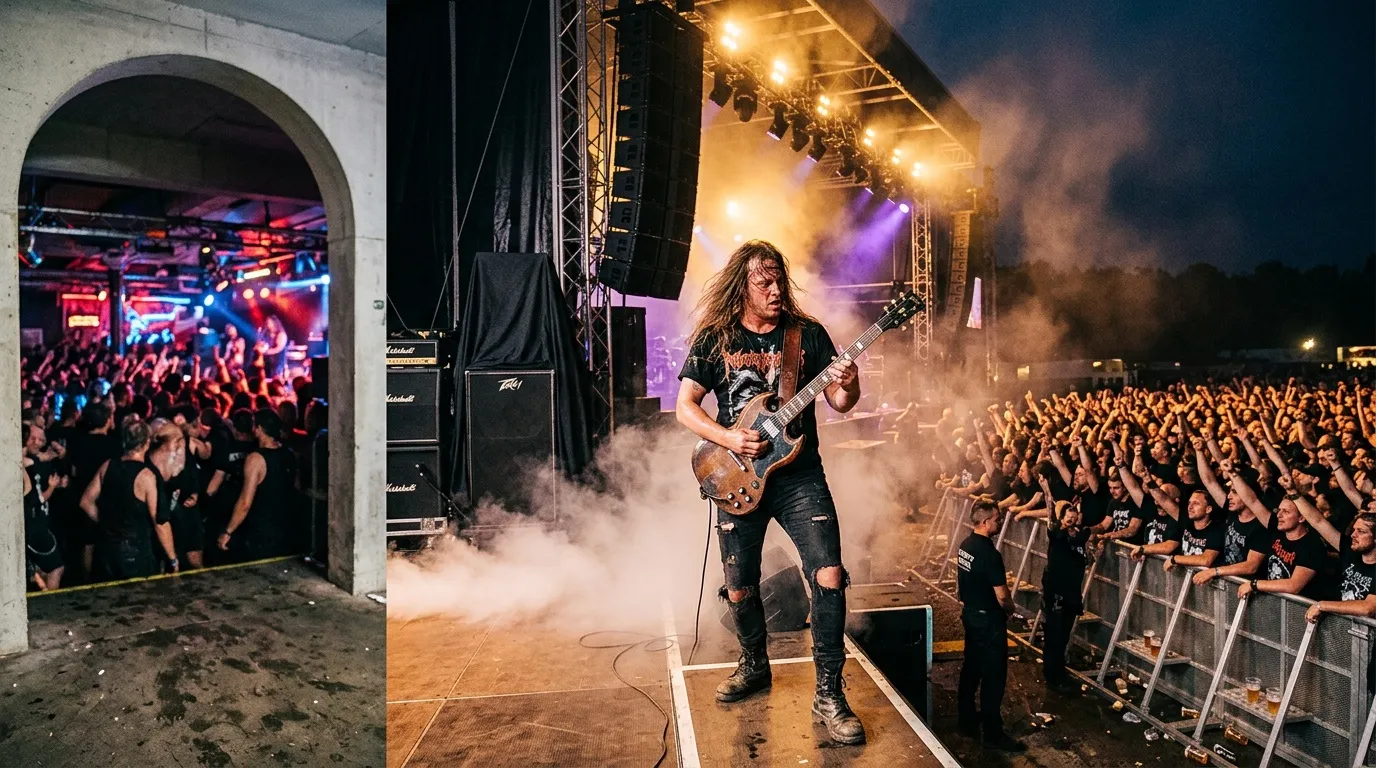 Guitariste sur sc&egrave;ne devant une foule enthousiaste