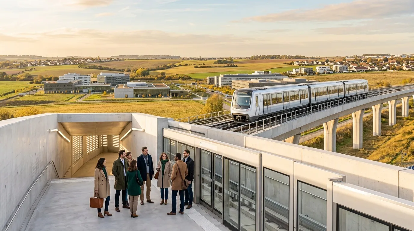 Train sur&eacute;lev&eacute; passant au-dessus d'un b&acirc;timent moderne avec paysage rural