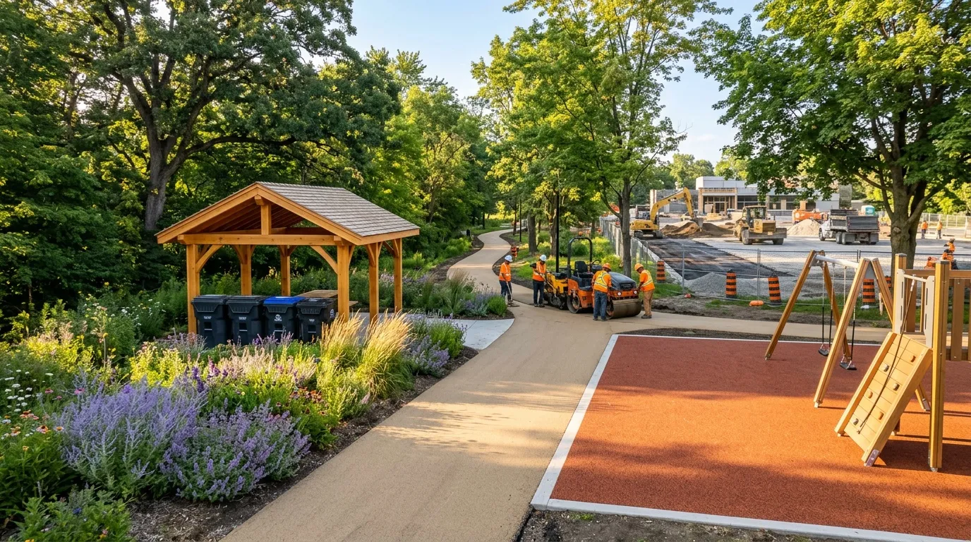 Parc avec aire de jeux, abri et zone de construction
