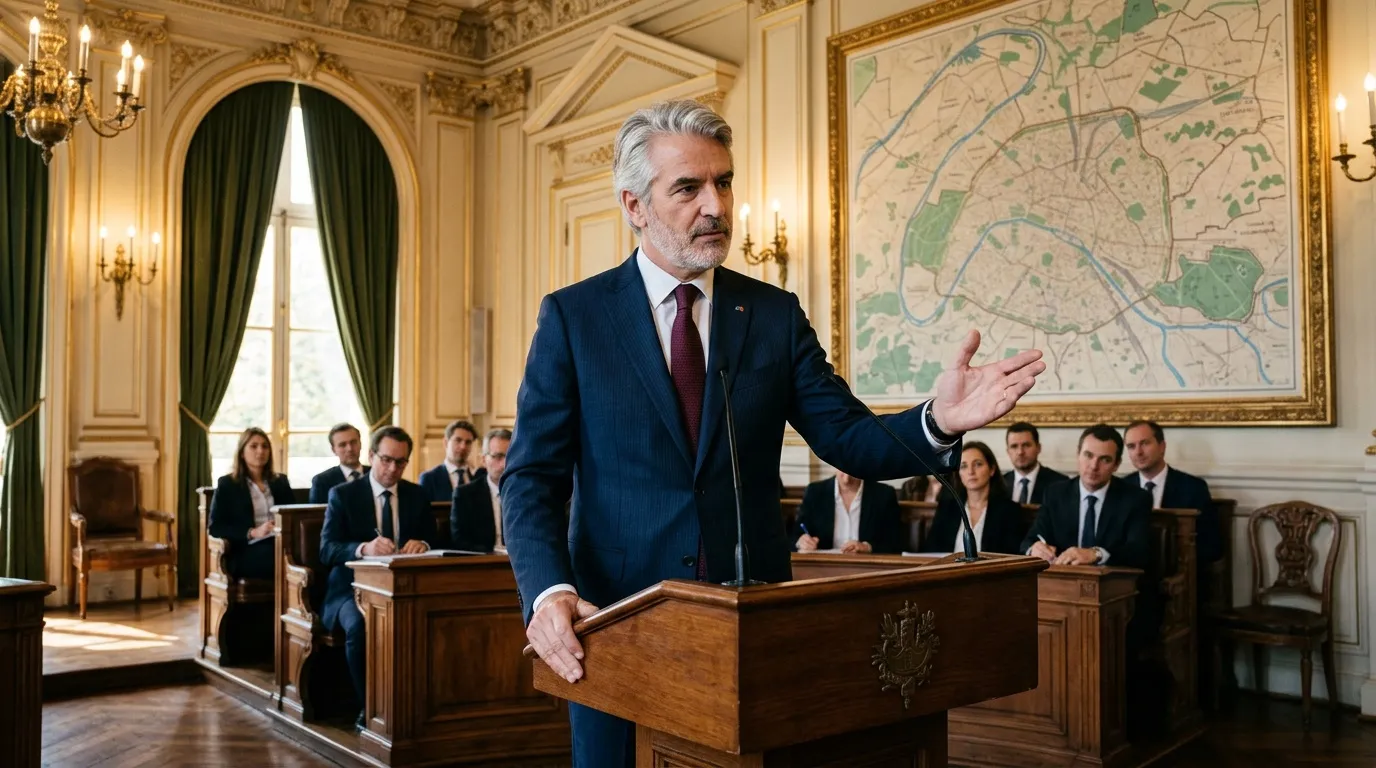 Homme en costume bleu pronon&ccedil;ant un discours au pupitre