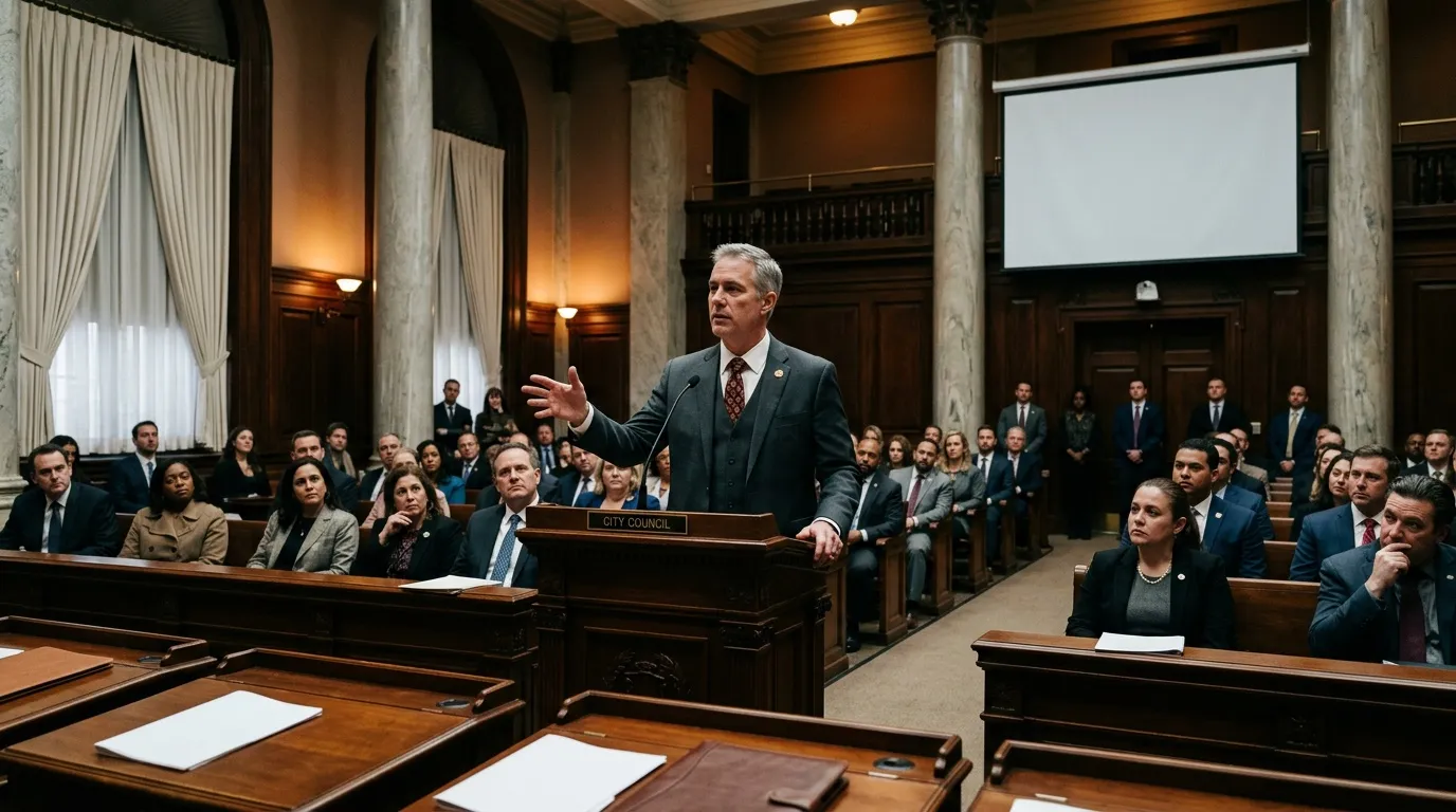 Homme en costume parlant au pupitre du conseil municipal