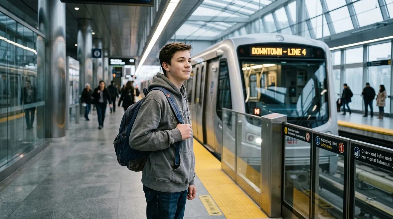 Adolescent avec sac &agrave; dos sur quai de m&eacute;tro urbain
