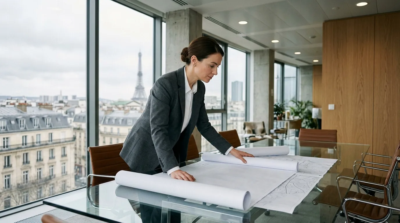 Femme en costume consultant des plans sur table de verre