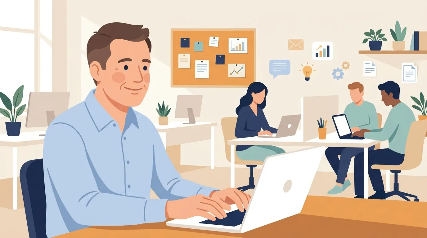 Homme travaillant sur ordinateur dans un bureau avec collègues
