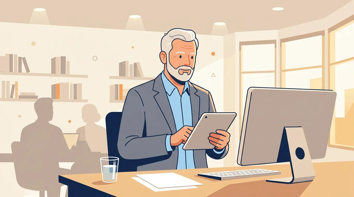 Homme d'affaires avec tablette dans un bureau contemporain