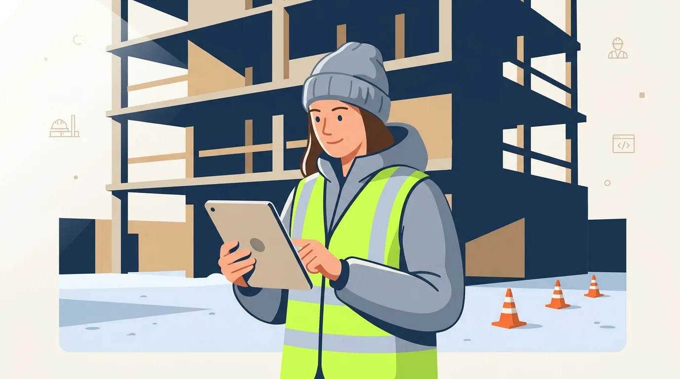 Femme ouvrier avec tablette sur chantier construction
