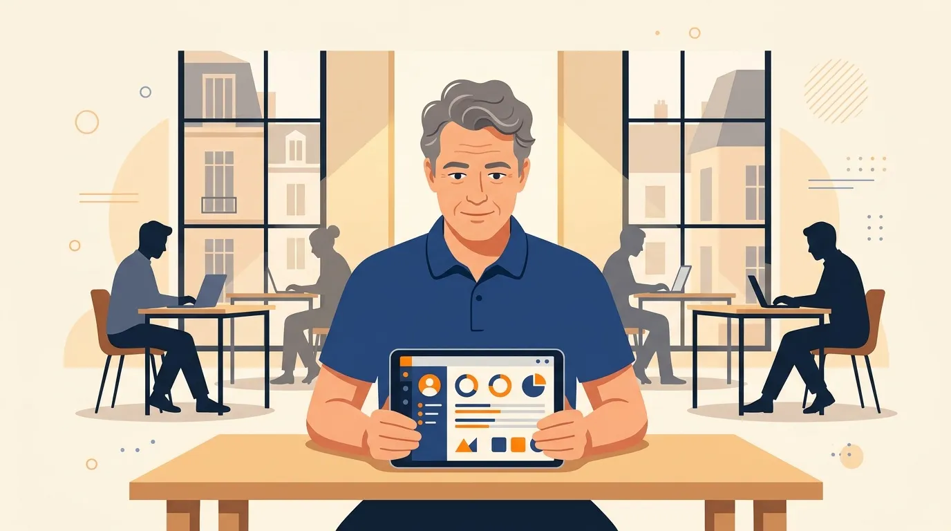 Homme présentant un tableau de bord analytique en environnement professionnel