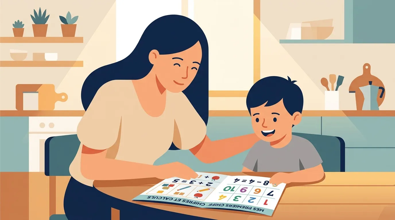 Femme et gar&ccedil;on faisant des exercices math&eacute;matiques &agrave; table