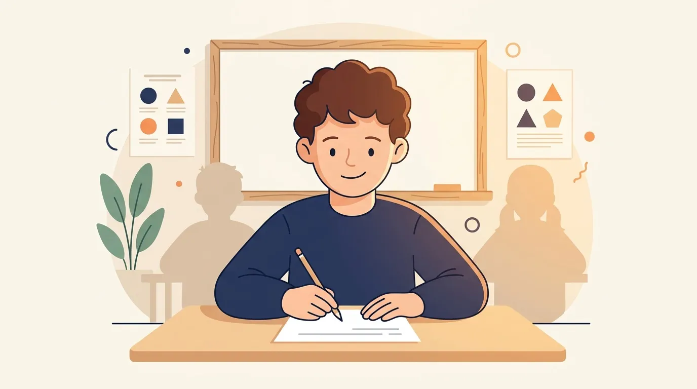 Jeune gar&ccedil;on souriant &eacute;crivant sur un papier &agrave; sa table