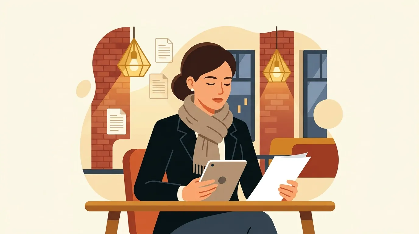 Femme assise consultant tablet et documents professionnels