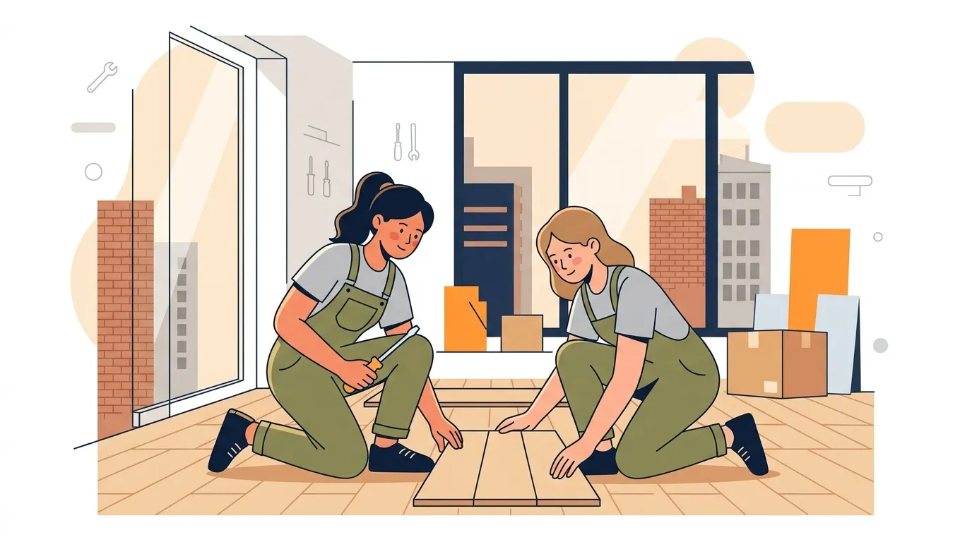 Deux femmes en uniforme posent du parquet dans un appartement.