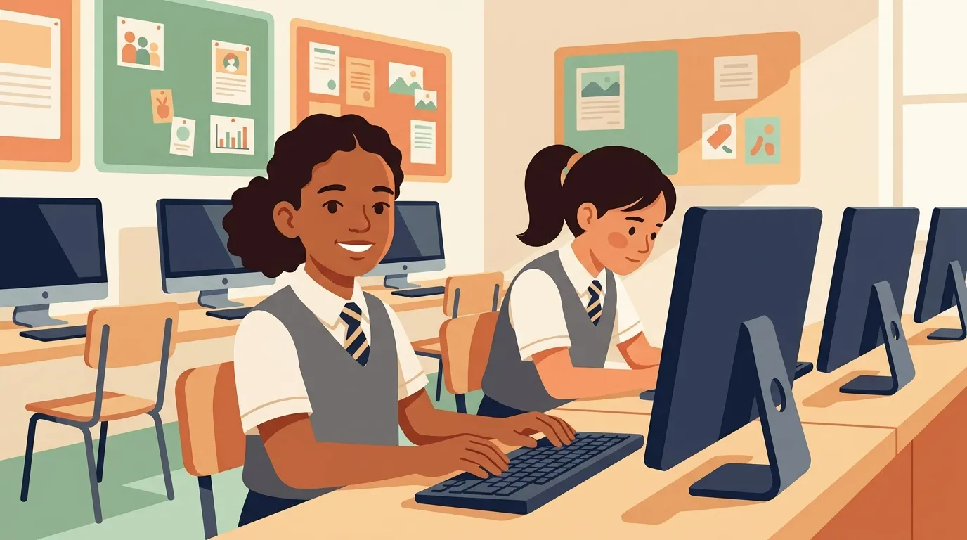 Deux &eacute;l&egrave;ves souriants travaillent sur ordinateur en salle informatique