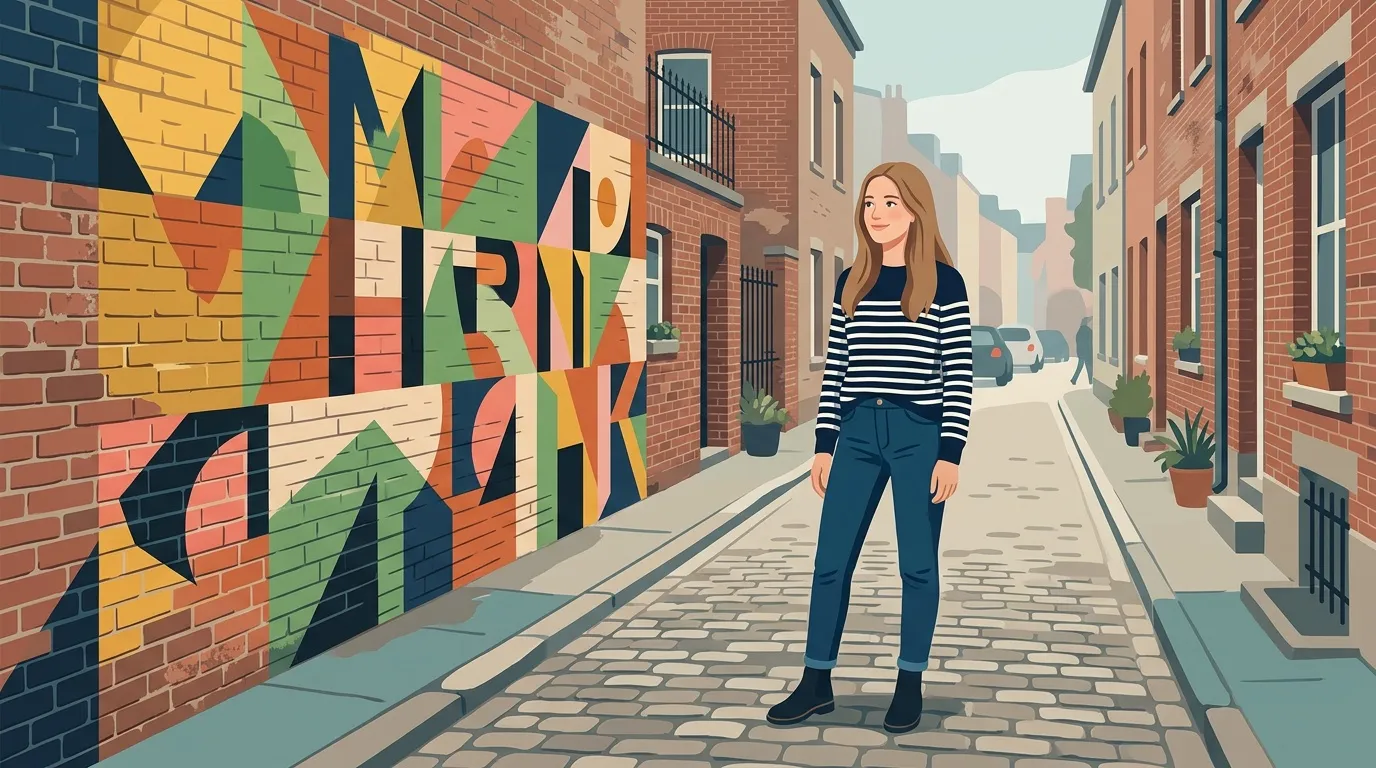 Jeune femme souriante devant art mural color&eacute;, ruelle urbaine.