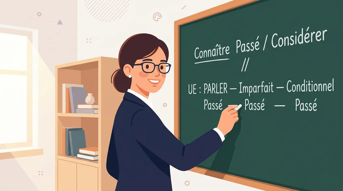 Professeure pointant le tableau avec leçon de conjugaison française
