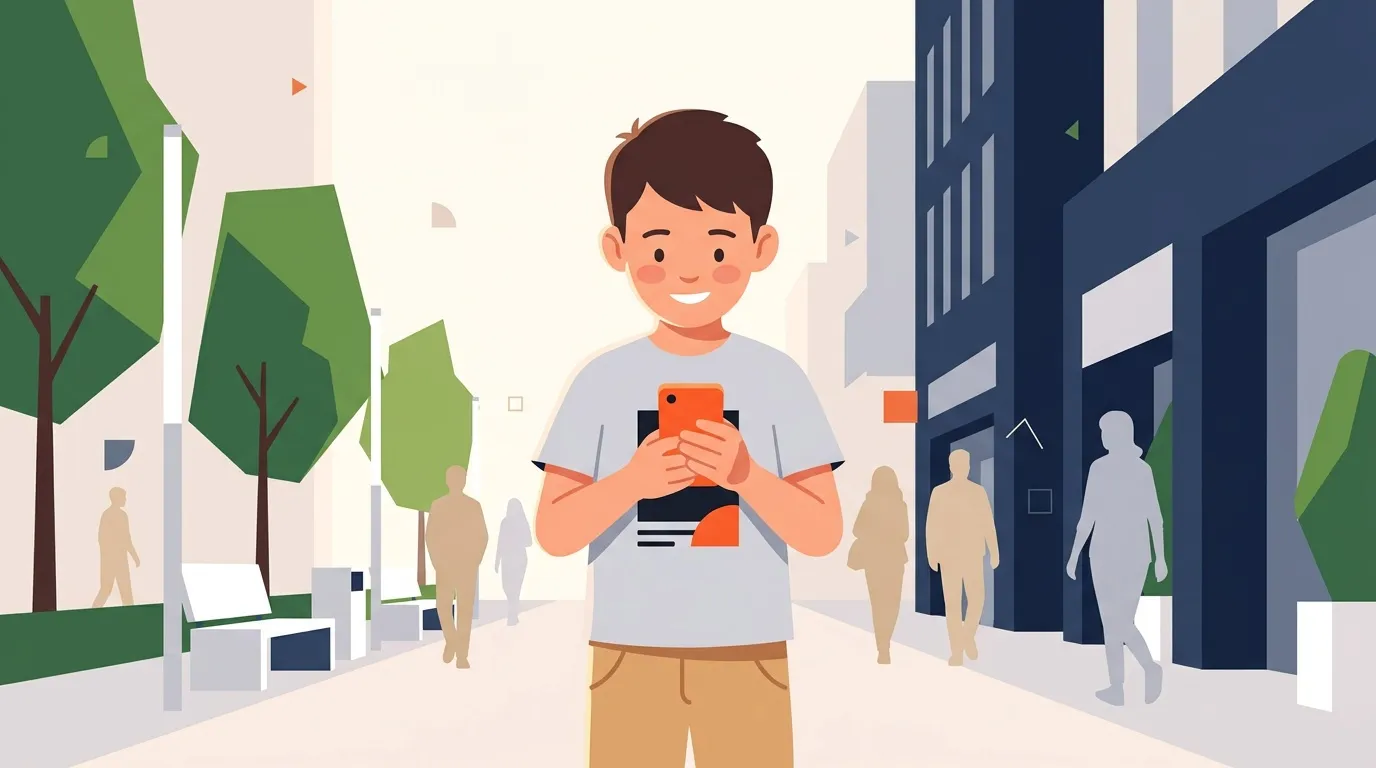 Gar&ccedil;on souriant tenant un t&eacute;l&eacute;phone orange dans une rue urbaine