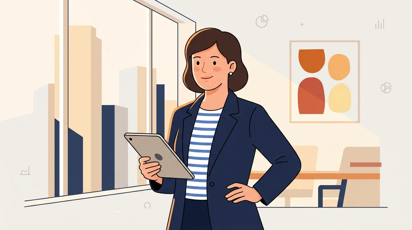 Professionnelle en costume bleu tenant une tablette au bureau