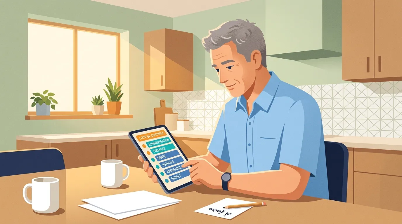 Homme consultant une application mobile de gestion budgétaire en cuisine