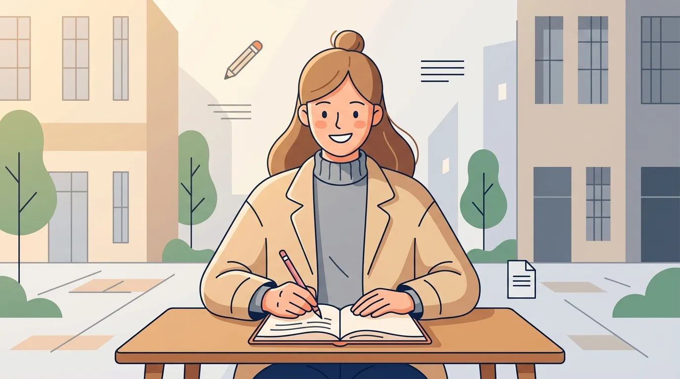 Femme souriante &eacute;crivant dans un journal en milieu urbain