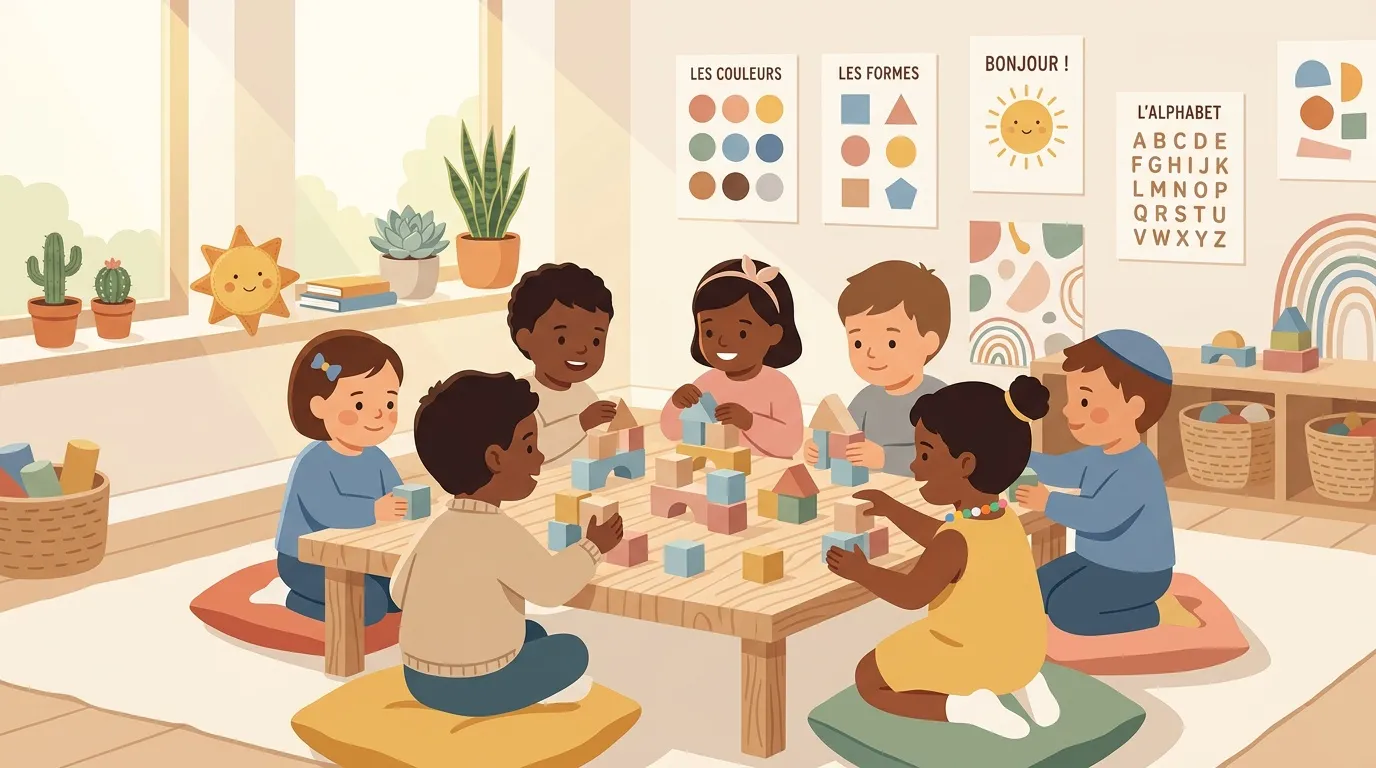 Groupe d'enfants multiculturels jouant avec des blocs color&eacute;s &agrave; une table