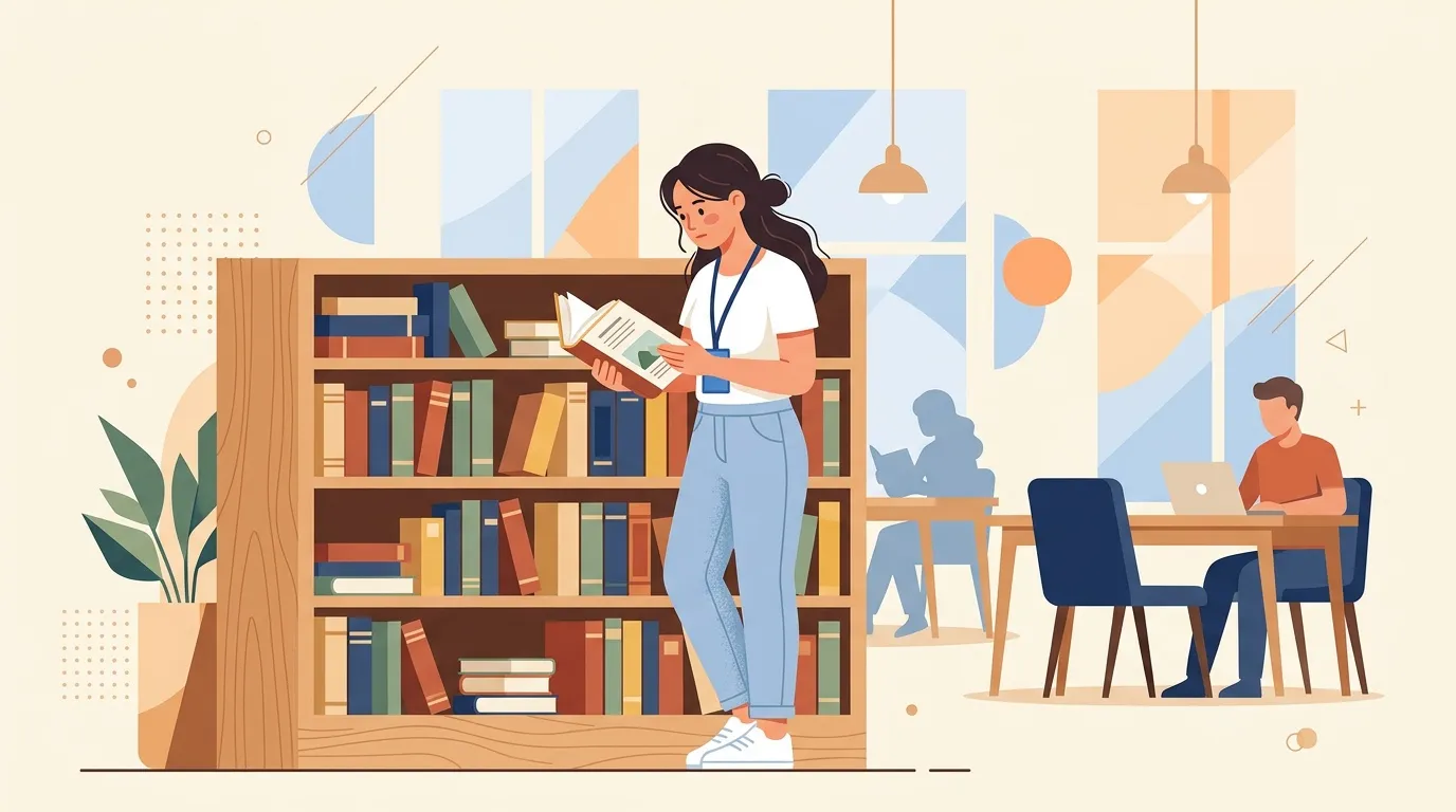 Femme lisant dans une bibliothèque avec des personnes travaillant