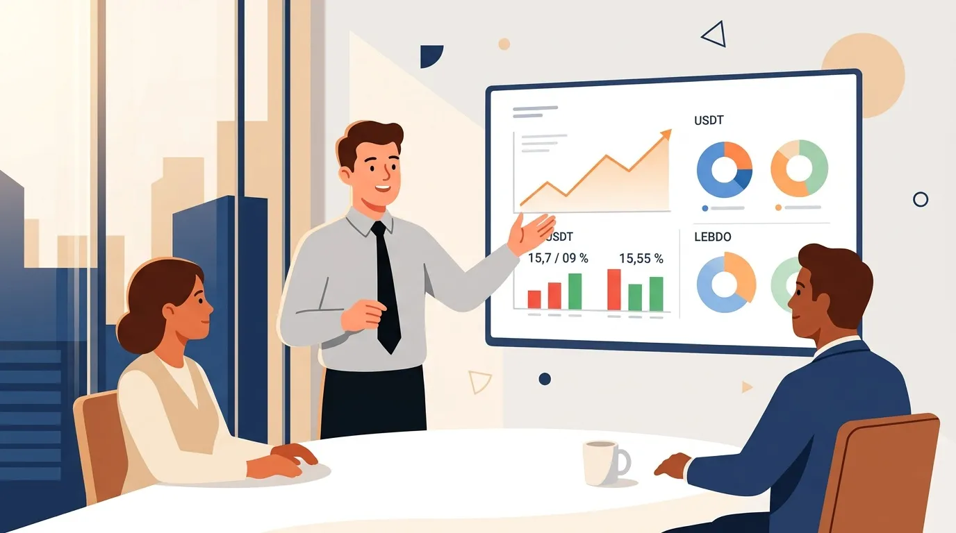 Homme présente graphiques USDT et LEBDO à deux collègues