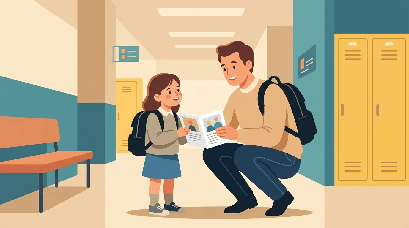 Un homme et une jeune fille examinent un document dans un couloir scolaire
