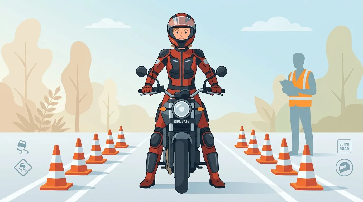 Motocycliste en &eacute;quipement de protection sur parcours d'entra&icirc;nement