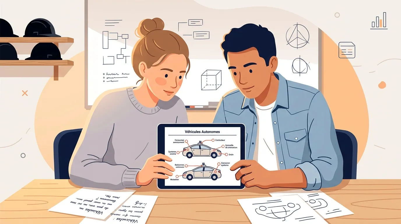 Deux professionnels examinent un sch&eacute;ma de voiture autonome sur tablette