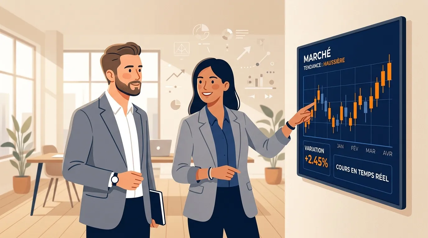 Deux professionnels observent un graphique de march&eacute; haussier